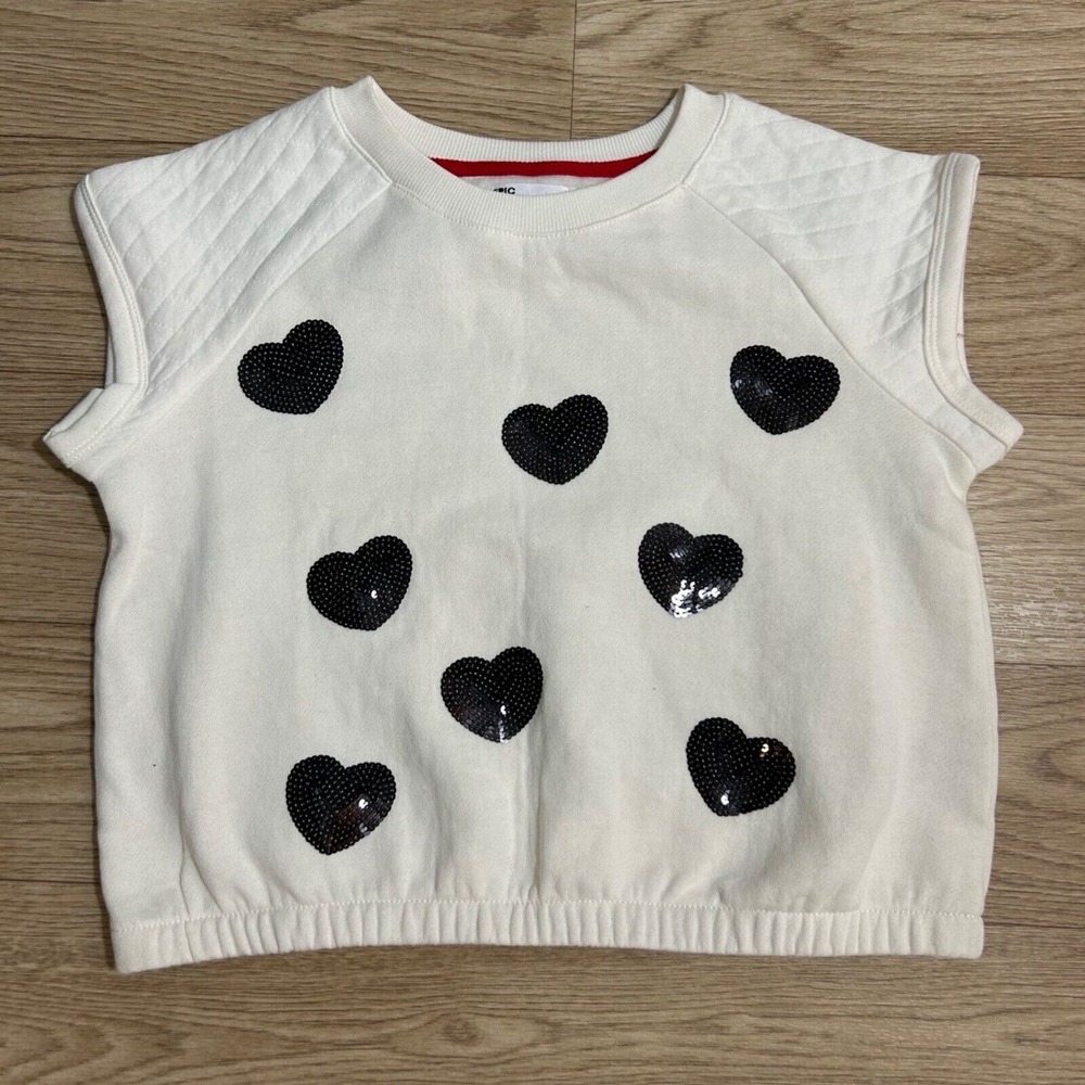Epic Threads Girls' Pullover Top White Black Hearts & Quilted Sleeves Size Large